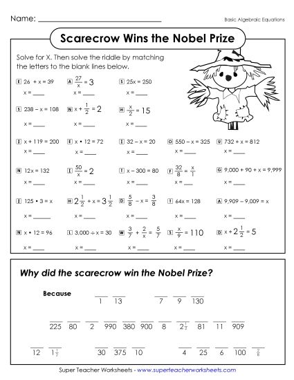More Math - Math Riddle: Scarecrow (Basic Algebraic Equations) (Printable PDF Worksheet)