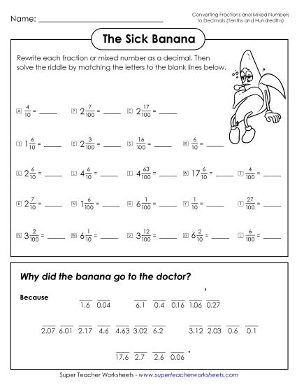 Tenths & Hundredths Mixed - Math Riddle: Sick Banana (Tenths and Hundredths) (Printable PDF Worksheet)
