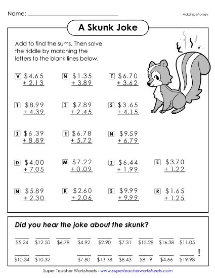 Adding Money - Math Riddle: Skunk Joke (Printable PDF Worksheet)