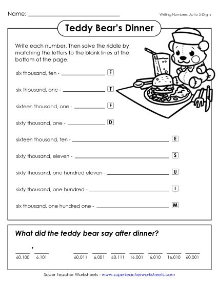 Place Value - Math Riddle: Teddy Bear Dinner (Printable PDF Worksheet)