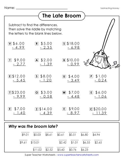Subtracting Money Worksheets - Math Riddle: The Late Broom (Printable PDF Worksheet)