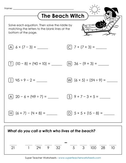 More Halloween Math - Math Riddle: Witch at the Beach Order of Operations (Includes Parentheses, No Exponents) (Printable PDF Worksheet)