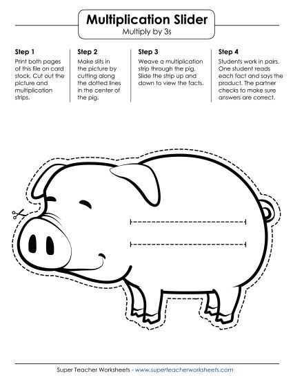 Multiply by 3s Only - Math Slider: Pig (Printable PDF Worksheet)