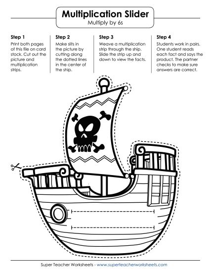 Multiplication by 6s Only - Math Slider: Pirate Boat (Printable PDF Worksheet)
