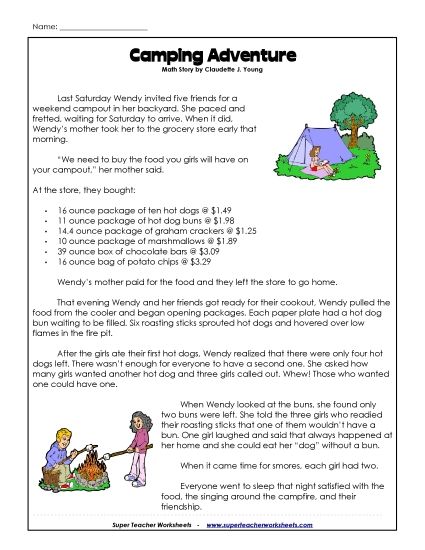 Math Story - Camping  (Printable PDF Worksheet)