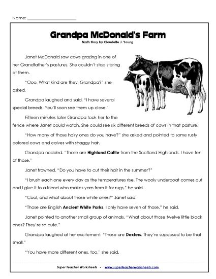 Math Story - Grandpa's Cows (Printable PDF Worksheet)