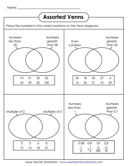 Level: Basic Grades 3-5 - Math Venn Diagrams (Printable PDF Worksheet)