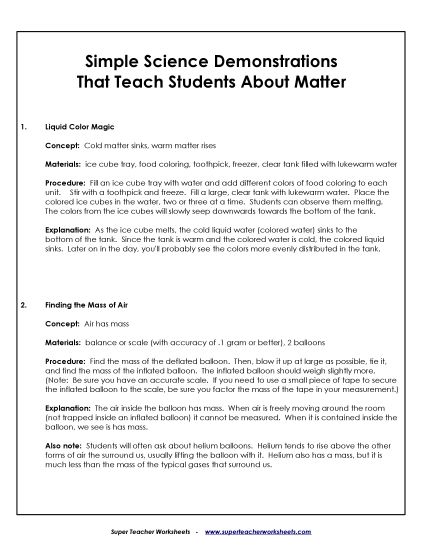 Matter Demonstrations (Printable PDF Worksheet)