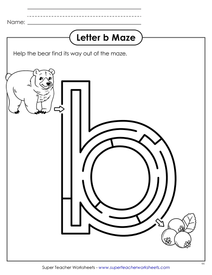 Alphabet Mazes (Easy) - Maze Activity: Lowercase Letter b (Printable PDF Worksheet)