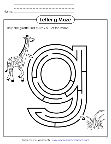 Alphabet Mazes (Easy) - Maze Activity: Lowercase Letter g (Printable PDF Worksheet)