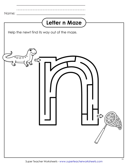 Letter Recognition - Maze Activity: Lowercase Letter n (Printable PDF Worksheet)