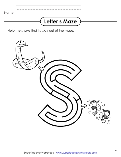 Alphabet Mazes (Easy) - Maze Activity: Lowercase Letter s (Printable PDF Worksheet)