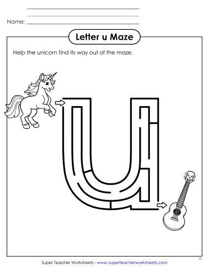 Letter Recognition - Maze Activity: Lowercase Letter u (Printable PDF Worksheet)