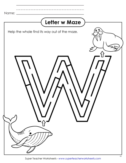 Alphabet Mazes (Easy) - Maze Activity - Lowercase Letter w (Printable PDF Worksheet)