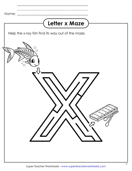 Alphabet Mazes (Easy) - Maze Activity: Lowercase Letter x (Printable PDF Worksheet)