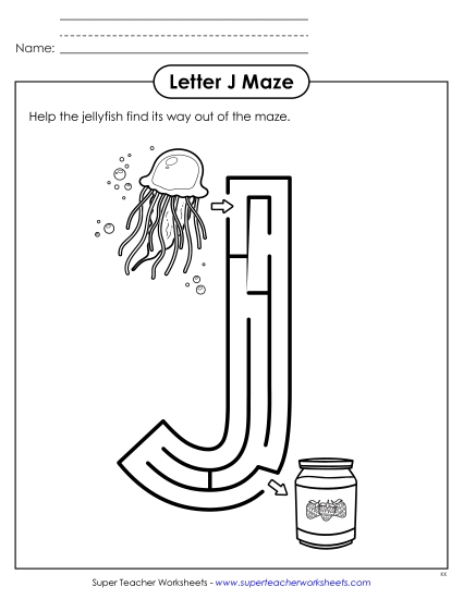 Alphabet Mazes (Easy) - Maze Activity: Uppercase Letter J (Printable PDF Worksheet)