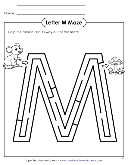 Alphabet Mazes (Easy) - Maze Activity: Uppercase Letter M (Printable PDF Worksheet)