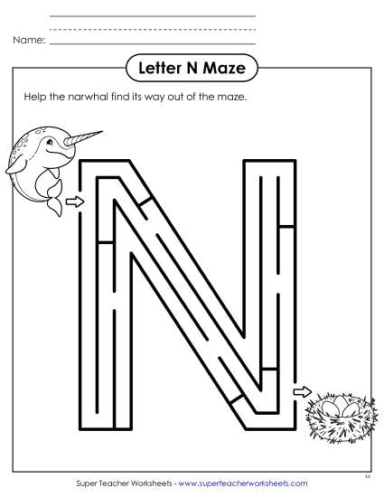 Letter Recognition - Maze Activity: Uppercase Letter N (Printable PDF Worksheet)