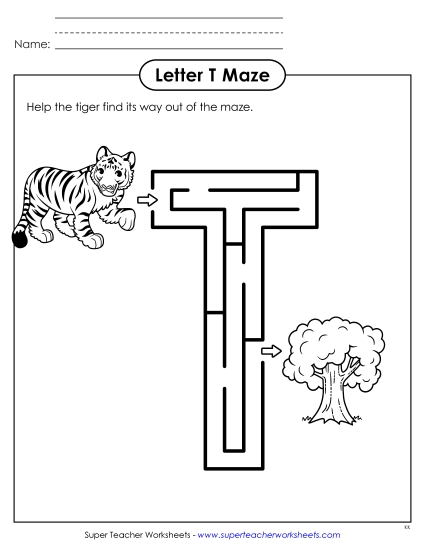 Alphabet Mazes (Easy) - Maze Activity: Uppercase Letter T (Printable PDF Worksheet)