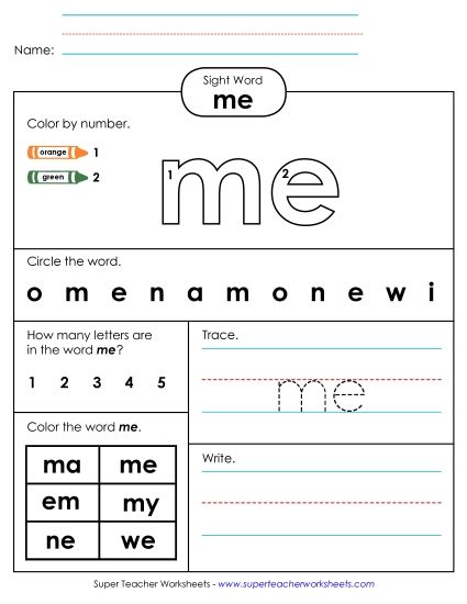 Individual Sight Words - Me (Sight Word) (Printable PDF Worksheet)