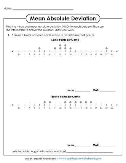 Measures of Variability Only - Mean Absolute Deviation (Line Plots) (Printable PDF Worksheet)