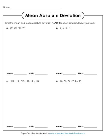 Measures of Variability Only - Mean Absolute Deviation (Plain Data) (Printable PDF Worksheet)