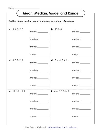 Basic Level - Mean, Median, Mode, and Range Boxes (Printable PDF Worksheet)