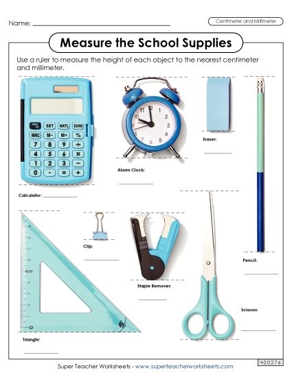 Mixed-Unit Measuring and Converting - Measure the School Supplies  (Nearest Centimeter and Millimeter) (Printable PDF Worksheet)