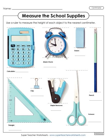 Measuring Centimeters - Measure the School Supplies  (Nearest Centimeter) (Printable PDF Worksheet)