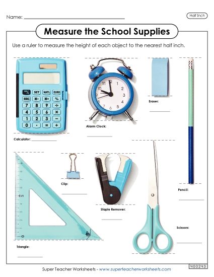 Nearest Half Inch - Measure the School Supplies (Nearest Half Inch) (Printable PDF Worksheet)