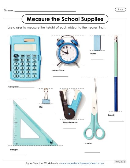 Nearest Inch - Measure the School Supplies (Nearest Inch) (Printable PDF Worksheet)