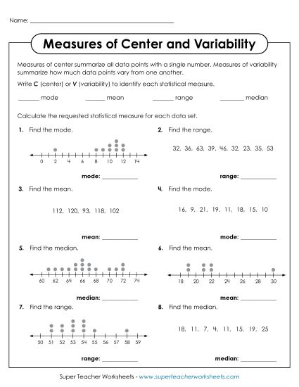 Advanced Level - Measures of Center & Variability  (Mean, Median, Mode, Range) (Printable PDF Worksheet)