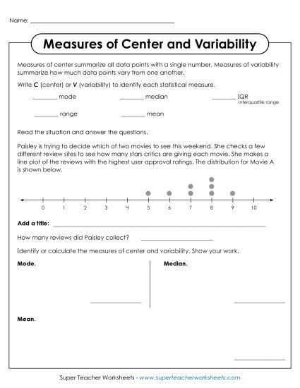 Measures of Center & Variability (Mixed) - Measures of Center & Variability Questions (Printable PDF Worksheet)