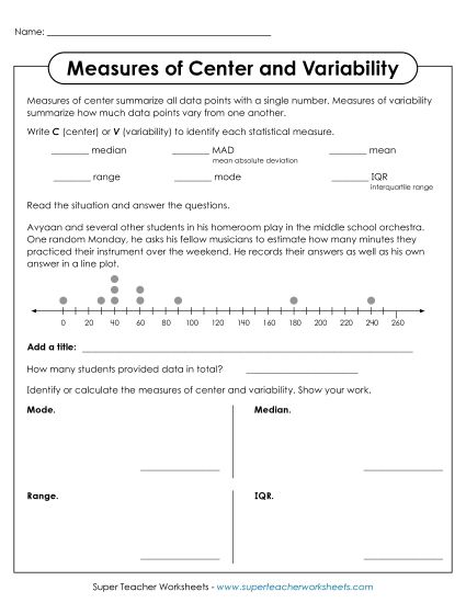 Measures of Center & Variability (Mixed) - Measures of Center & Variability Worksheet (Printable PDF Worksheet)