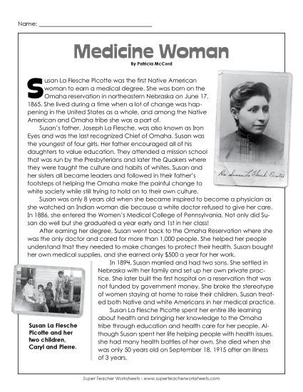 Reading Comprehension - Medicine Woman: Dr. Susan La Flesche Picotte (Printable PDF Worksheet)