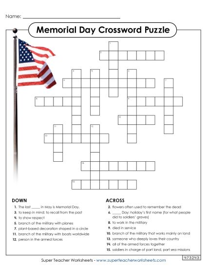 Puzzles - Memorial Day Crossword (Printable PDF Worksheet)