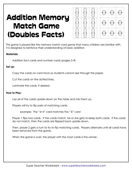Class Game / Learning Center Addition Doubles Facts - Memory Match Card Game: Addition Doubles Facts (Printable PDF Worksheet)