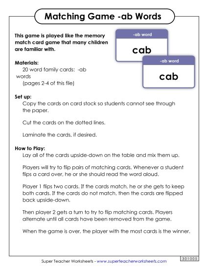 Word Games - Memory Match Game (-ab) (Printable PDF Worksheet)