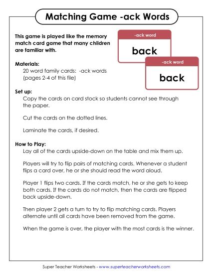 Word Games - Memory Match Game (-ack) (Printable PDF Worksheet)
