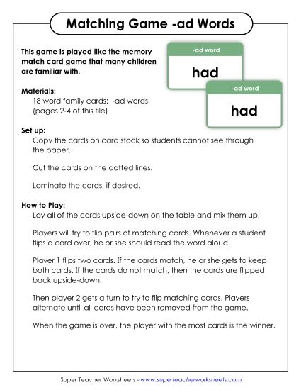 Word Games - Memory Match Game (-ad) (Printable PDF Worksheet)