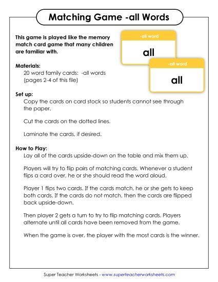 Word Games - Memory Match Game (-all) (Printable PDF Worksheet)