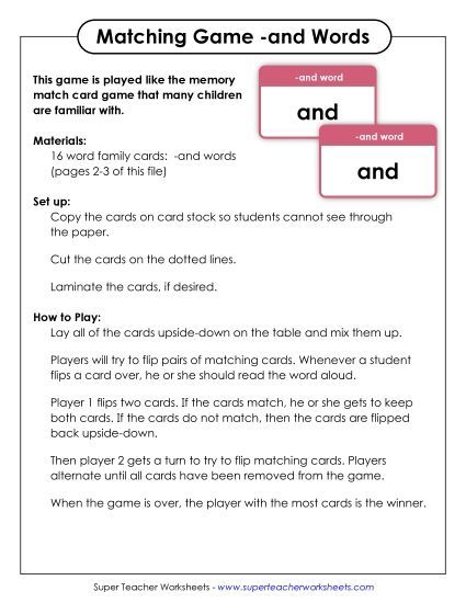 Word Games - Memory Match Game (-and) (Printable PDF Worksheet)