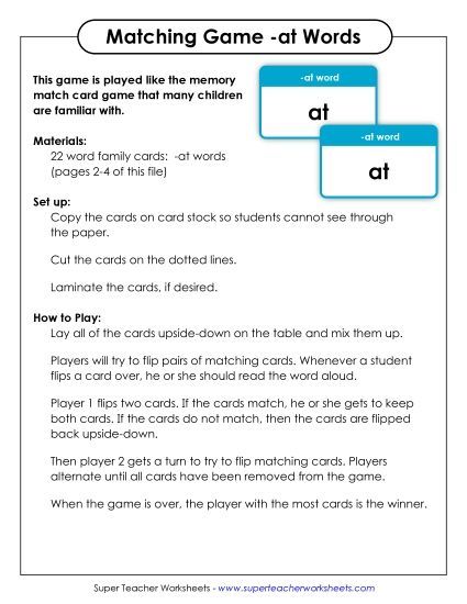 Word Games - Memory Match Game (-at) (Printable PDF Worksheet)