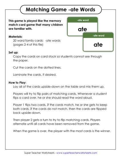 Word Games - Memory Match Game (-ate) (Printable PDF Worksheet)