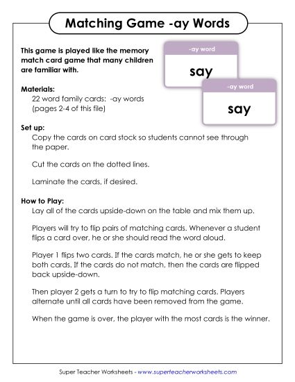Word Games - Memory Match Game (-ay) (Printable PDF Worksheet)