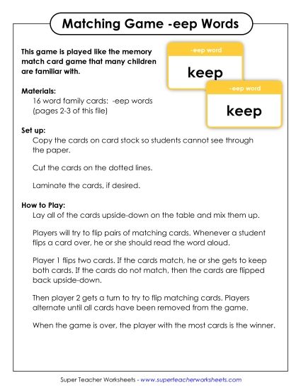 Word Games - Memory Match Game (-eep) (Printable PDF Worksheet)