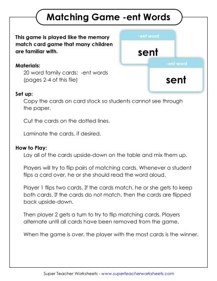 Word Games - Memory Match Game (-ent) (Printable PDF Worksheet)