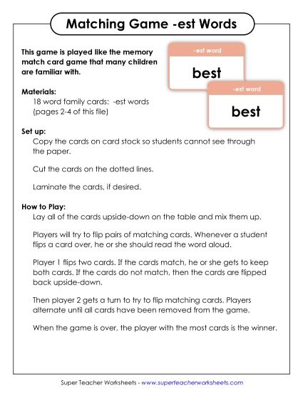 Word Games - Memory Match Game (-est) (Printable PDF Worksheet)