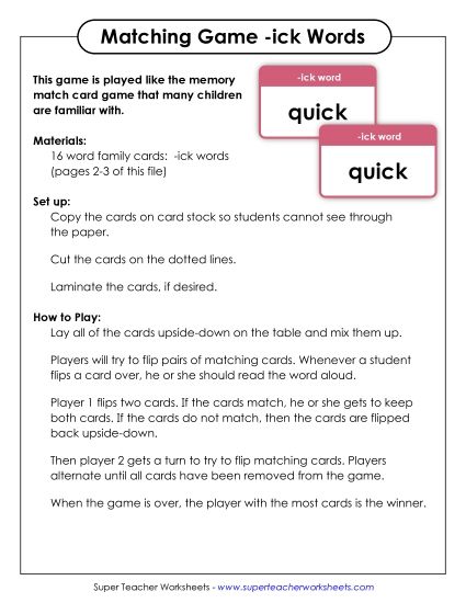 Word Games - Memory Match Game (-ick) (Printable PDF Worksheet)
