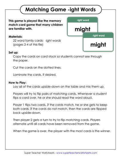 Word Games - Memory Match Game (-ight) (Printable PDF Worksheet)
